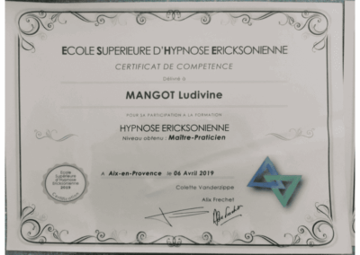 Ludivine Mangot, Certificat maitre-praticien en hypnose Ericksonienne