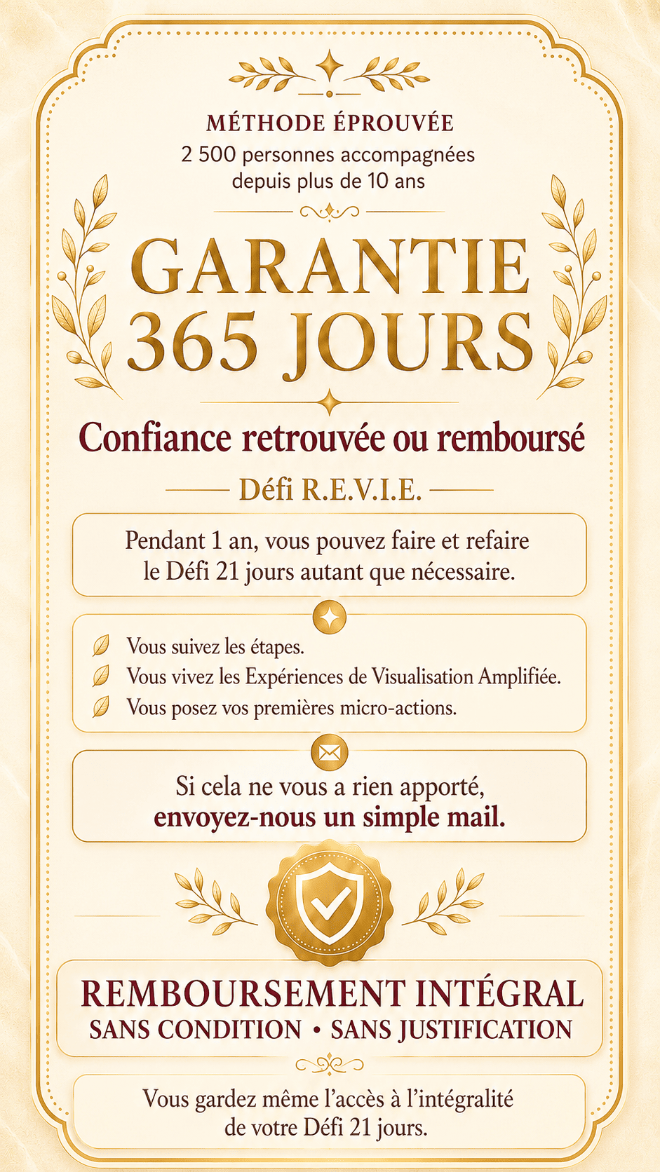 Défi R.E.V.I.E. : Garantie de satisfaction de 365 jours